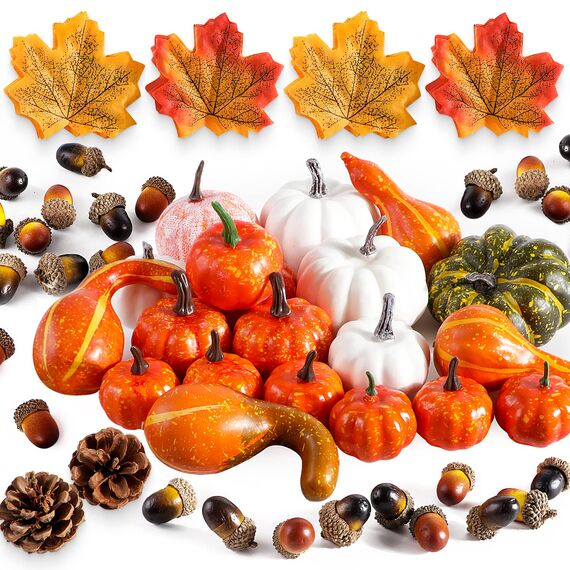 Benjia Kürbis Herbst Deko Dekoration Innen, Weiß und Gold Kürbisse Zierkürbisse Herbstdeko Herbstdekorationen Halloween 102 Stück