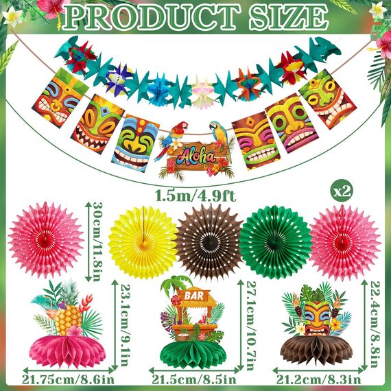 SUNBEAUTY 10 Stück Hawaii Party Deko Set Aloha-Thema Deko Tiki-Party Deko mit Tiki-Banner, Hängende Girlande Papierfächer Waben-Tischdeko für Sommer-Party, Luau Party, Geburtstag & Strand-Motto-Party