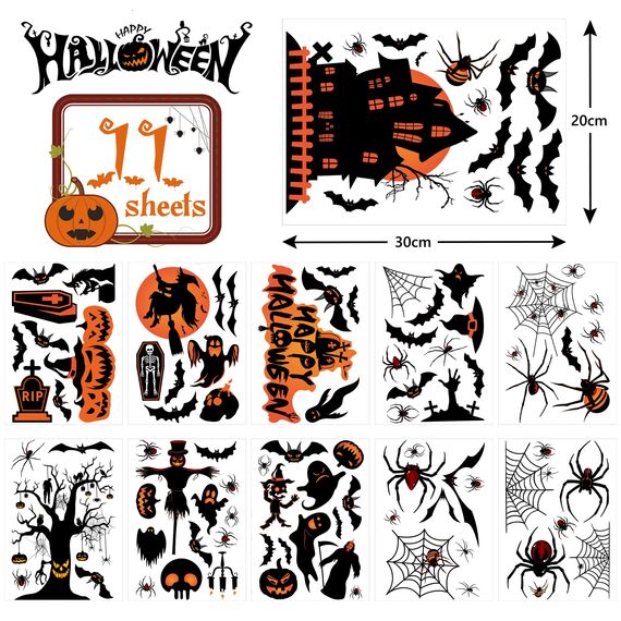 Moxled Halloween Deko Horror, Kürbis Spinnennetz Fledermaus Fensterbilder, 11 Blätte Halloween Fensteraufkleber, 98Pcs Skelett Geister Spukhaus Wandaufkleber für Kinderzimmer Halloween Party