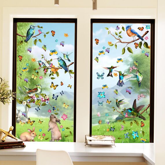 Moxled 9 Blatt Fensterbilder Frühling Vögel Selbstklebend - Fensterdeko Frühling Fenstersticker Blumen Schmetterlinge Sommer Fensteraufkleber Wiederverwendbare für Kinderzimmer Ostern Deko