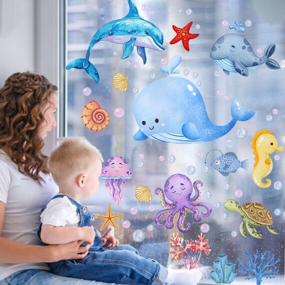 Moxled 9 Blatt Fensterbilder Kinderzimmer Selbstklebend - Meerestiere Wandtattoo Badezimmer Fenstersticker Wiederverwendbare Unterwasserwelt Fensteraufkleber für Kinderzimmer Badezimmer Deko