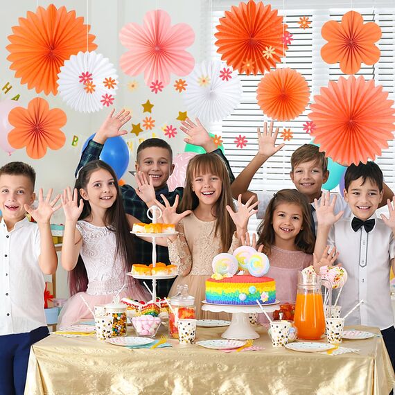 SUNBEAUTY 9 Stück Herbst Party Dekorationen Rot Orange Papier Fächer Dekor Hanging Gänseblümchen Girlande Rosa Weiß Blume Party Dekorationen für Hochzeit Geburtstag Klassenzimmer Baby Shower
