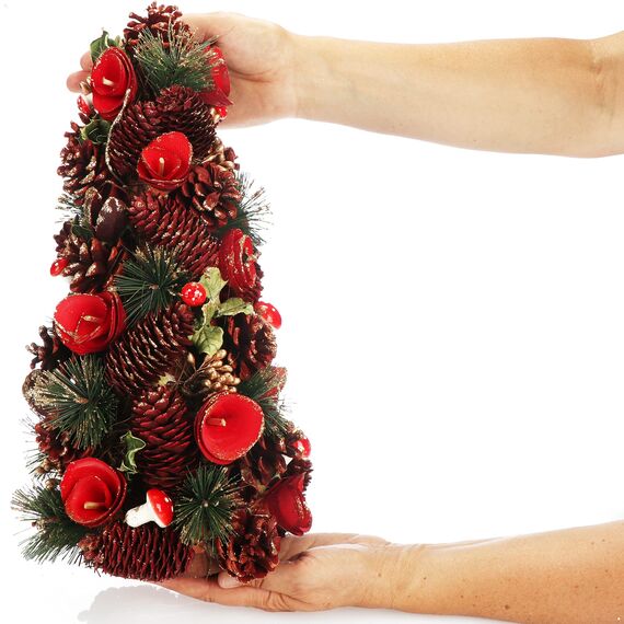COM-FOUR® Deko-Weihnachtsbaum, dekorativer Kleiner Schmuckbaum, tolle Tischdeko, optimal für die Adventszeit, ergänzt Kränze und Girlanden (Baum rote Blume)