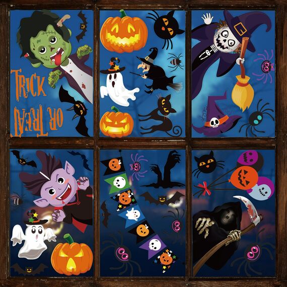 Moxled Halloween Deko Fensteraufkleber, Kürbis Spinnennetz Fledermaus Fensterbilder, 9 Blätte Halloween Fenster Tür Aufkleber, 55Pcs Geister Vampir Hexe Wandaufkleber für Kinderzimmer Party
