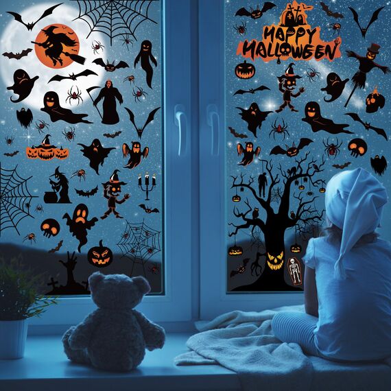 Moxled Halloween Deko Horror, Kürbis Spinnennetz Fledermaus Fensterbilder, 11 Blätte Halloween Fensteraufkleber, 98Pcs Skelett Geister Spukhaus Wandaufkleber für Kinderzimmer Halloween Party