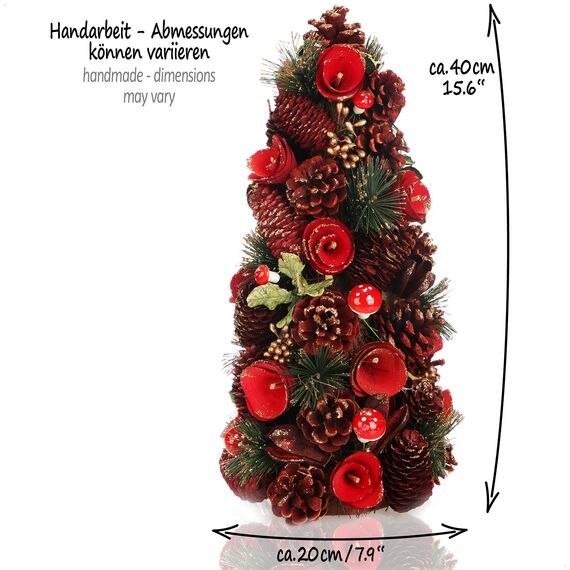 COM-FOUR® Deko-Weihnachtsbaum, dekorativer Kleiner Schmuckbaum, tolle Tischdeko, optimal für die Adventszeit, ergänzt Kränze und Girlanden (Baum rote Blume)