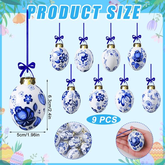 Funtery Porzellan-Ornamente, Chinoiserie Ostereier-Deko, Anhänger für Osterbaum, Keramik-Hängeornamente, 9-teiliges Set, Blau/Weiß (Ei-Stil)