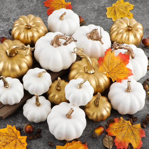 Benjia Kürbis Herbst Deko Dekoration Draußen, Weiß und Gold Kürbisse Zierkürbisse Herbstdeko Herbstdekorationen Halloween 16 Stück