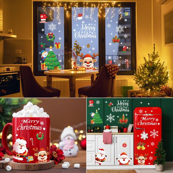Moxled Fensterbilder Weihnachten Selbstklebend, 162 Fensterdeko Weihnachten mit Schneeflocken Weihnachtsmann Elch, Wiederverwendbar Statisch Haftende PVC Aufkleber für Fenster Tür Weihnachtsdeko