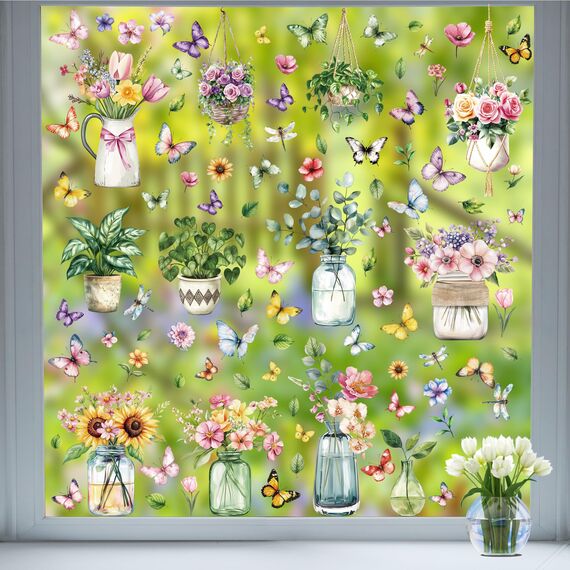 Moxled 9 Blatt Fensterbilder Frühling Blumen Selbstklebend - Fensterdeko Frühling Fenstersticker Topfpflanze Hängend Pflanzen Schmetterlinge Fensteraufkleber Wiederverwendbare für Kinderzimmer Deko