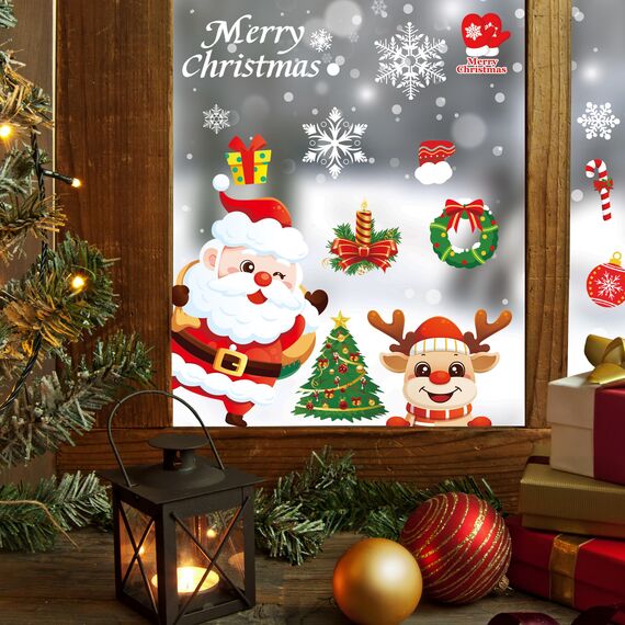 Moxled Fensterbilder Weihnachten Selbstklebend, 162 Fensterdeko Weihnachten mit Schneeflocken Weihnachtsmann Elch, Wiederverwendbar Statisch Haftende PVC Aufkleber für Fenster Tür Weihnachtsdeko