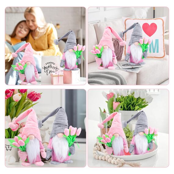 ENLACE Frühling Wichtel mit Tulpen Blumensträuße, Muttertag Wichtel, Handgefertigte Frühlingsdeko Puppe Zwerg Dekorationen, für Freundin Mama Hochzeitstag Muttertag, 2 Stück