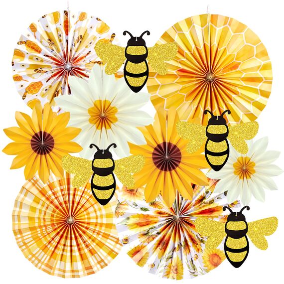 SUNBEAUTY 12 Stück Papierfächer Dekoration Sonnenblumen Geburtstag Hängende Papier Fächer 3D Bienen für Hochzeit Sommer Geburtstag Kinderparty Tea Party Tischdeko Muttertag Deko Classroom Baby Shower