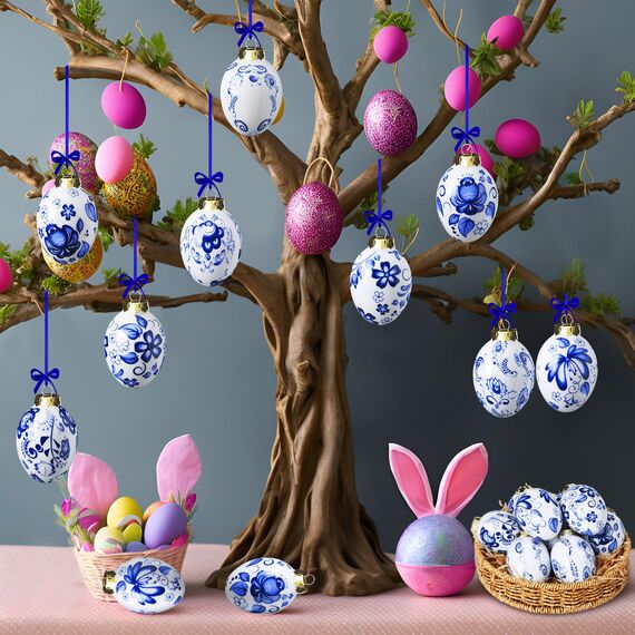 Funtery Porzellan-Ornamente, Chinoiserie Ostereier-Deko, Anhänger für Osterbaum, Keramik-Hängeornamente, 9-teiliges Set, Blau/Weiß (Ei-Stil)