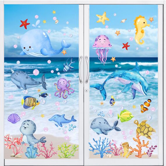 Moxled 9 Blatt Fensterbilder Kinderzimmer Selbstklebend - Meerestiere Wandtattoo Badezimmer Fenstersticker Wiederverwendbare Unterwasserwelt Fensteraufkleber für Kinderzimmer Badezimmer Deko