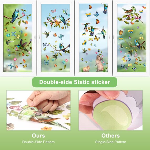 Moxled 9 Blatt Fensterbilder Frühling Vögel Selbstklebend - Fensterdeko Frühling Fenstersticker Blumen Schmetterlinge Sommer Fensteraufkleber Wiederverwendbare für Kinderzimmer Ostern Deko