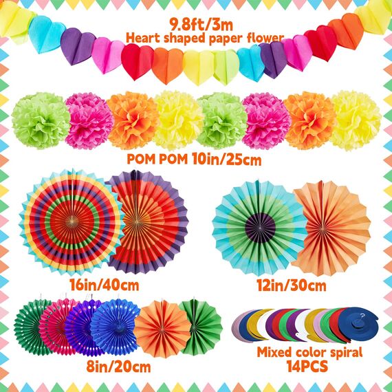 SUNBEAUTY 33PCS Bunte Party Deko Regenbogen Pompons Deko Hanging Fiesta Paper Fans Colourful Garland and Hanging Spiral Garland for Kindergeburtstag Wedding Birthday Mexican Fiesta Cinco De Mayo