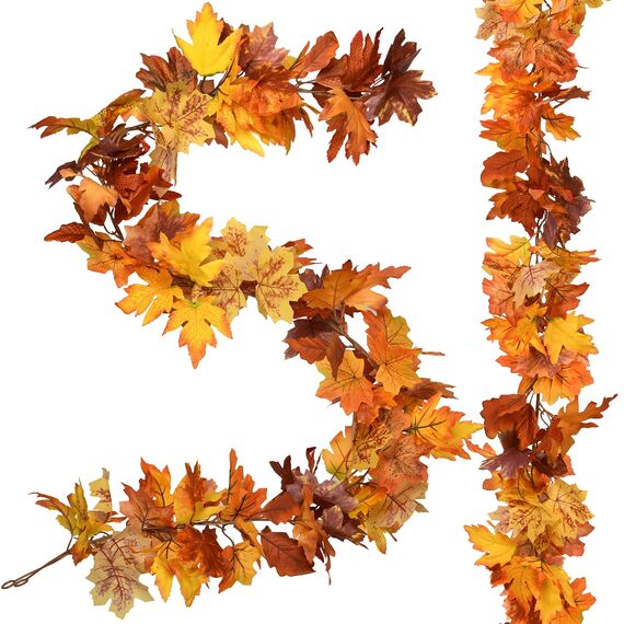 Artiflr Herbstgirlande, Ahornblatt, 1,5 m / Strang, hängende Rebe, künstliches Herbstlaub, Girlande, Erntedankfest, Dekoration für Zuhause, Hochzeit, Kamin, Party, Weihnachten, 2 Stück