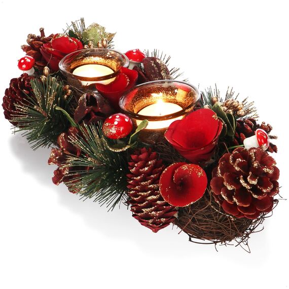 COM-FOUR® Teelichthalter - dekorativer Kerzenständer für Weihnachten und Herbst - Kerzenhalter mit natürlichen Materialien - Handarbeit (Adventsgesteck rote Blume - 2 Kerzen)