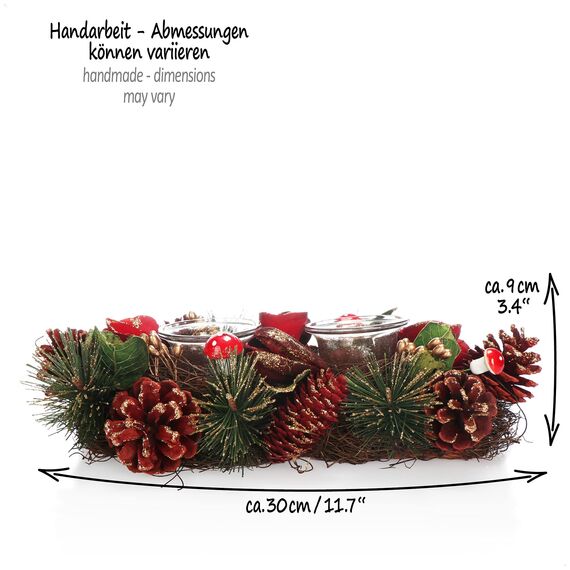 COM-FOUR® Teelichthalter - dekorativer Kerzenständer für Weihnachten und Herbst - Kerzenhalter mit natürlichen Materialien - Handarbeit (Adventsgesteck rote Blume - 2 Kerzen)