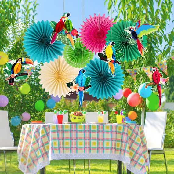 Sunbeauty 12 Stück Hawaii Party Deko Enthält 6 x Papier Fächer, 6 x Tropische Vogeldekoration, Hängende Girlande Papierfächer und Papagei Wabenbälle für Sommerdeko, Hawaii Deko, Dschungel Deko