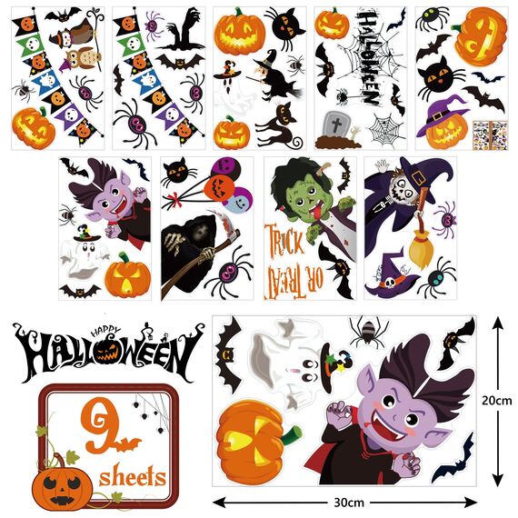 Moxled Halloween Deko Fensteraufkleber, Kürbis Spinnennetz Fledermaus Fensterbilder, 9 Blätte Halloween Fenster Tür Aufkleber, 55Pcs Geister Vampir Hexe Wandaufkleber für Kinderzimmer Party