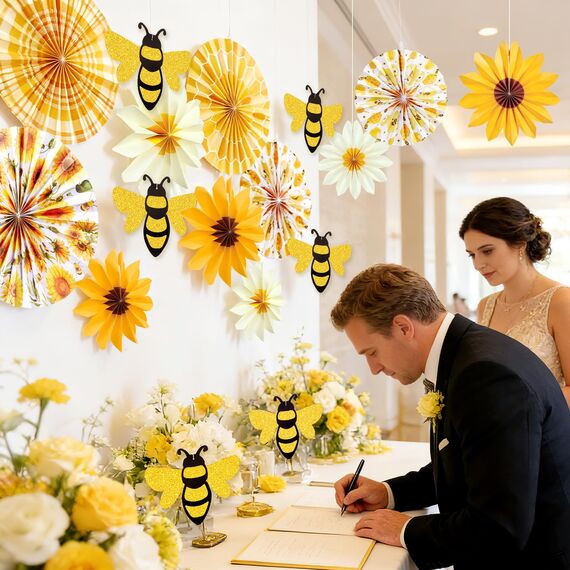 SUNBEAUTY 12 Stück Papierfächer Dekoration Sonnenblumen Geburtstag Hängende Papier Fächer 3D Bienen für Hochzeit Sommer Geburtstag Kinderparty Tea Party Tischdeko Muttertag Deko Classroom Baby Shower