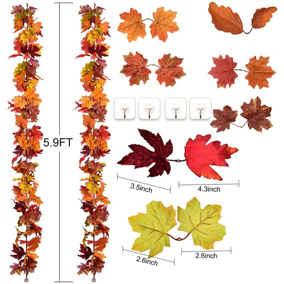 Artiflr 2 Stück Herbst-Ahorn-Girlande, 15 m/Strang, hängende Rebe, Ahornblatt-Girlande, künstliche Herbstlaub-Girlande, Thanksgiving-Dekoration für Zuhause, Hochzeit, Kamin, Party, Weihnachten