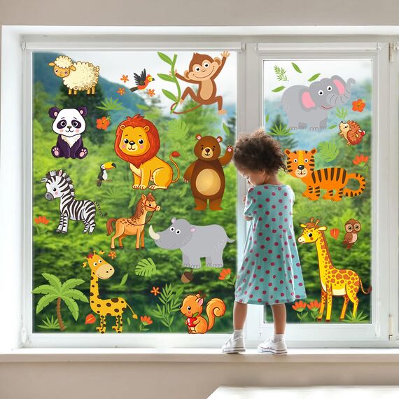 Moxled 9 Blatt Fensterbilder Kinderzimmer Selbstklebend - Waldtiere Wandtattoo Fenstersticker Wiederverwendbare Fensteraufkleber für Schlafzimmer Kinderzimmer Deko