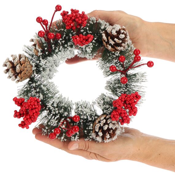 COM-FOUR® 2X Tischkranz Weihnachten - Adventskranz mit Pinienzapfen, Beeren und Kunstschnee - Dekokranz - Weihnachtsdeko - Weihnachtskranz