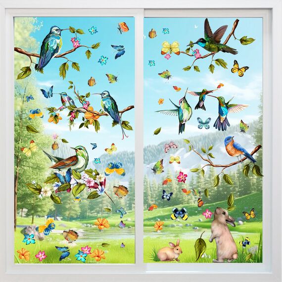 Moxled 9 Blatt Fensterbilder Frühling Vögel Selbstklebend - Fensterdeko Frühling Fenstersticker Blumen Schmetterlinge Sommer Fensteraufkleber Wiederverwendbare für Kinderzimmer Ostern Deko