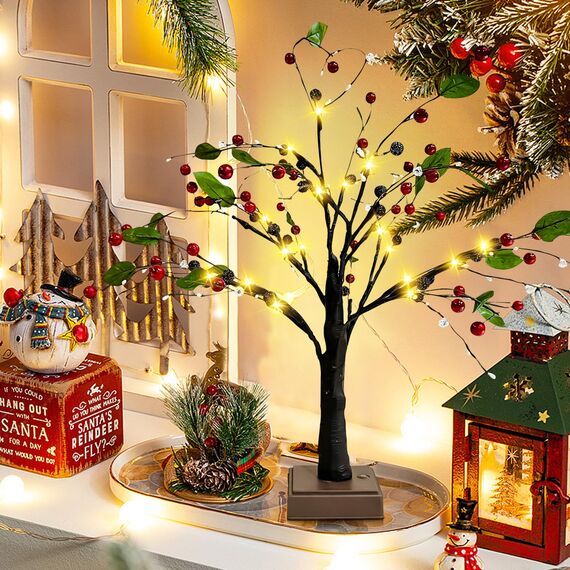 Weihnachtsdeko Lichterbaum Für Innen mit 24 LEDs, LED Baum Licht Bäumchen Birken Herbst Deko Lichterbaum mit blätter Deko Für Weihnachtsdeko Tisch Herbstdeko Zum Aufhängen, Innendeko (A)
