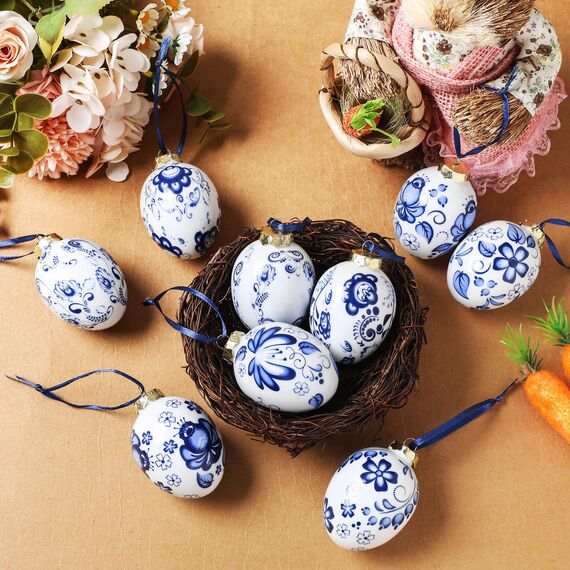 Funtery Porzellan-Ornamente, Chinoiserie Ostereier-Deko, Anhänger für Osterbaum, Keramik-Hängeornamente, 9-teiliges Set, Blau/Weiß (Ei-Stil)