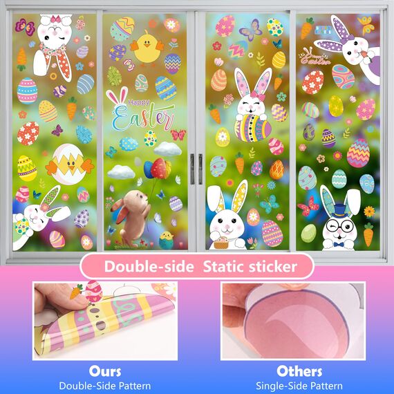 Moxled 10 Blätter Fensterbilder Ostern Selbstklebend, Fensterdeko Ostern mit Hasen Ostereier Küken, Wiederverwendbar Statisch Haftende PVC Aufkleber für Fenster Tür Kinderzimmer Frühling Osterdeko