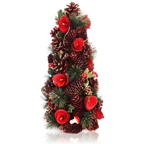 COM-FOUR® Deko-Weihnachtsbaum, dekorativer Kleiner Schmuckbaum, tolle Tischdeko, optimal für die Adventszeit, ergänzt Kränze und Girlanden (Baum rote Blume)