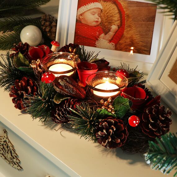 COM-FOUR® Teelichthalter - dekorativer Kerzenständer für Weihnachten und Herbst - Kerzenhalter mit natürlichen Materialien - Handarbeit (Adventsgesteck rote Blume - 2 Kerzen)