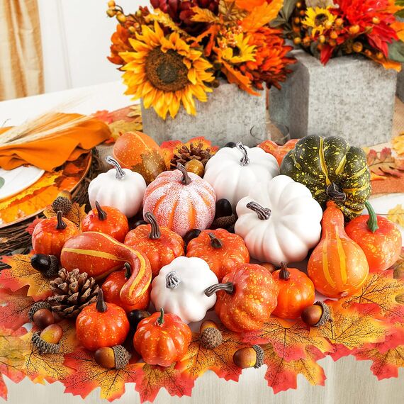 Benjia Kürbis Herbst Deko Dekoration Innen, Weiß und Gold Kürbisse Zierkürbisse Herbstdeko Herbstdekorationen Halloween 102 Stück