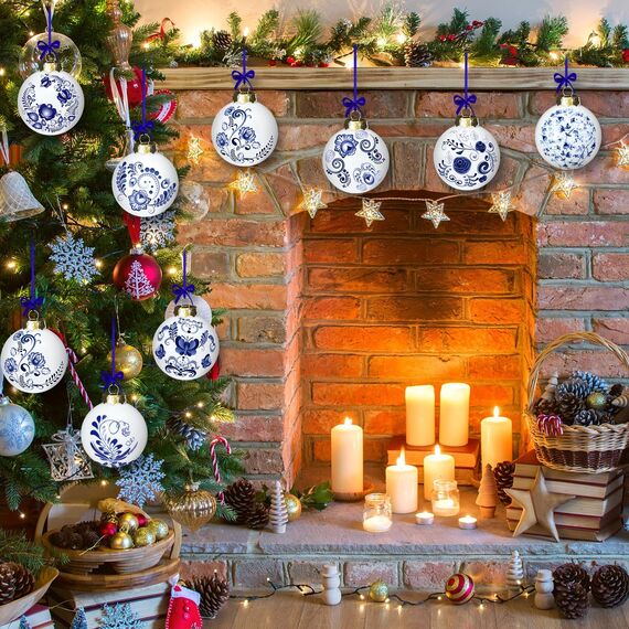 Funtery Porzellan-Ornamente, Chinoiserie Kürbis-Deko, Anhänger für Weihnachten und Herbst, Keramik-Weihnachtsbaum-Ornamente, 9-teiliges Set, Blau/Weiß (Eleganter Stil)