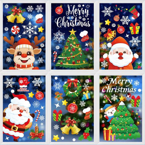 Moxled Fensterbilder Weihnachten Selbstklebend, 162 Fensterdeko Weihnachten mit Schneeflocken Weihnachtsmann Elch, Wiederverwendbar Statisch Haftende PVC Aufkleber für Fenster Tür Weihnachtsdeko
