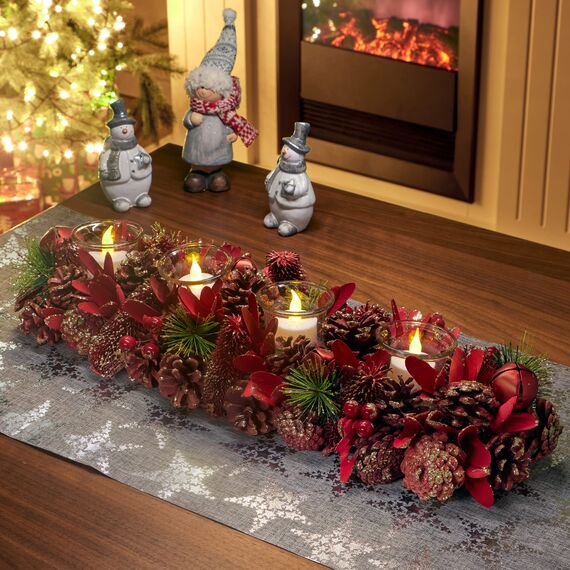 COM-FOUR® Adventskranz länglich, Kerzenständer Weihnachten für 4 Kerzen, Kerzenhalter, Adventsgesteck, XL Adventskerzenhalter, Kerzenleiste als Tischdeko (Adventsgesteck roter Glitter - 4 Kerzen)