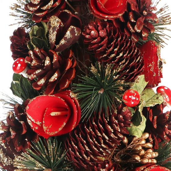 COM-FOUR® Deko-Weihnachtsbaum, dekorativer Kleiner Schmuckbaum, tolle Tischdeko, optimal für die Adventszeit, ergänzt Kränze und Girlanden (Baum rote Blume)