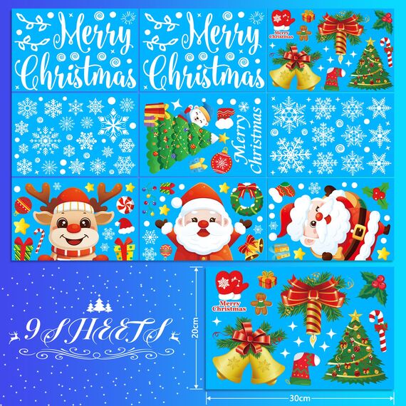 Moxled Fensterbilder Weihnachten Selbstklebend, 162 Fensterdeko Weihnachten mit Schneeflocken Weihnachtsmann Elch, Wiederverwendbar Statisch Haftende PVC Aufkleber für Fenster Tür Weihnachtsdeko