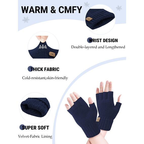 JUNRUI Fingerlose Handschuhe, Handschuhe ohne Finger Winter Warme Strickhandschuhe Arbeiten Camping Wandern Laufen Radfahren Fahren für Herren und Damen
