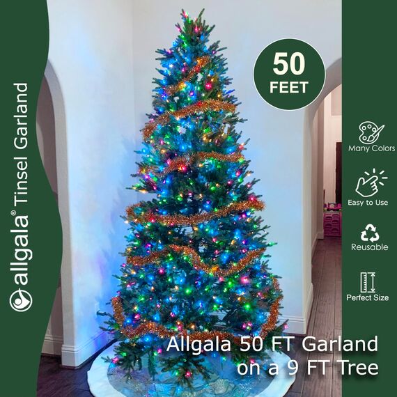 Allgala Lametta-Girlande, Rotgold/Orange, 15 m, Weihnachtsdekoration, Metallfolie, Lametta-Girlande, Dekoration für Urlaub, Baum, Wandschiene, Zuhause, Büro, Veranstaltung, Halloween, Herbst,