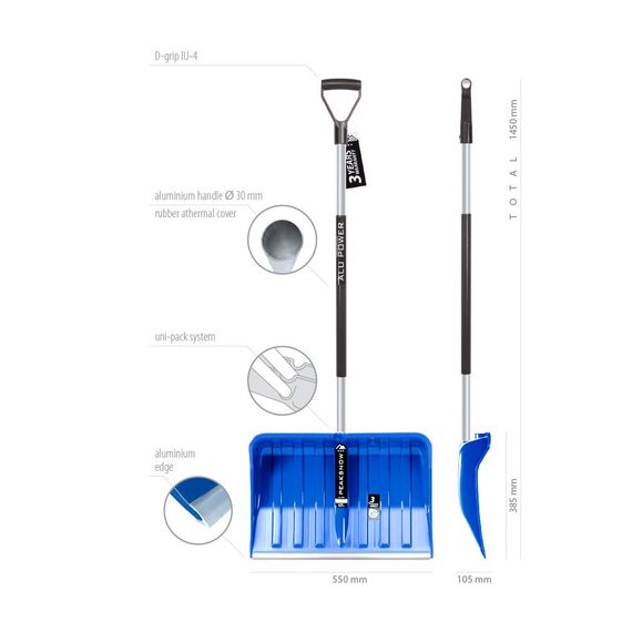 2X Schneeschaufel mit ergonomischem Griff - Schneeräumer für kleine und große Schneemengen – Kunststoff-Blatt, Aluminiumkante, Aluminium-Stiel