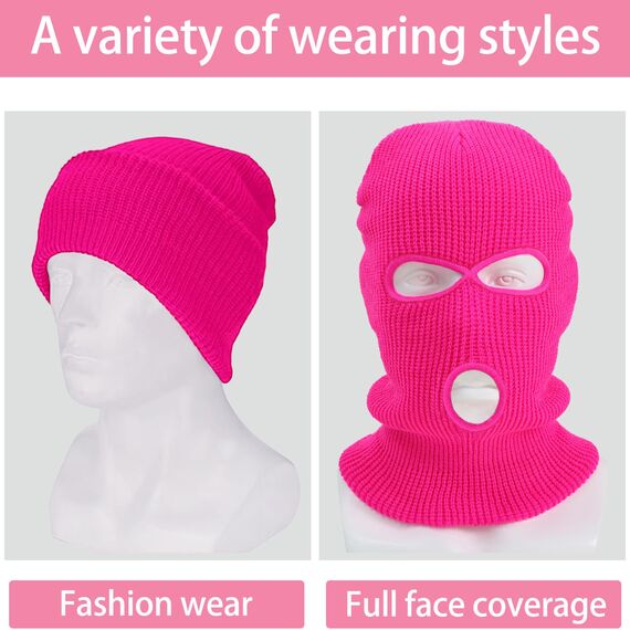 LINSOCLE 2pcs Balaclava - 3-Loch Sturmmaske, Gestrickte Sturmhaube, Multifunktionsmaske, Skimütze für Motorrad und Fahrrad(Rosig+Rosa