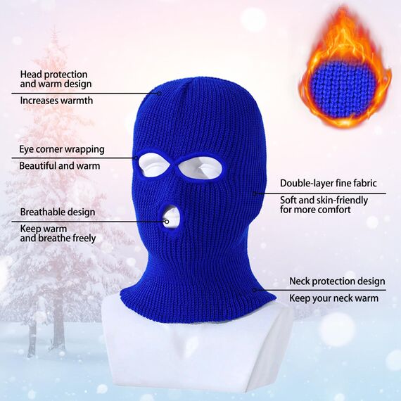 LINSOCLE 2pcs Balaclava - 3-Loch Sturmmaske, Gestrickte Sturmhaube in blau , Multifunktionsmaske, Skimütze für Motorrad und Fahrrad