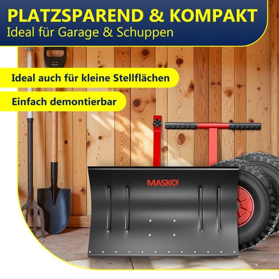 Masko Schneeschaufel auf Rädern höhenverstellbar - 5-Fach Schneeräumen, rückenschonender Schneeschieber, Schneeschild 75 cm Arbeitsbreite-Höhe 42, platzsparend zusammenklappbar, Rot