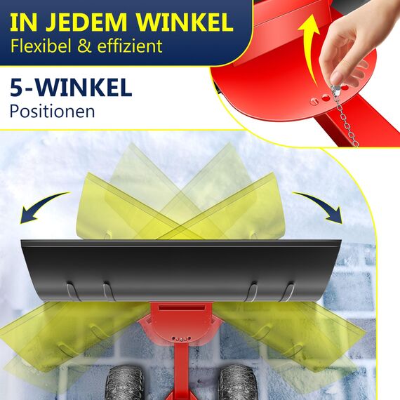 Masko Schneeschaufel auf Rädern höhenverstellbar - 5-Fach Schneeräumen, rückenschonender Schneeschieber, Schneeschild 75 cm Arbeitsbreite-Höhe 42, platzsparend zusammenklappbar, Rot