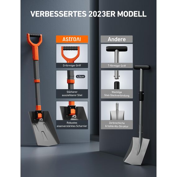 AstroAI Schneeschaufel ausziehbare Schaufel mit verstärktem Aluminiumgriff und Eisenscharnier, tragbar und multifunktional schneeschieber im Winter für Auto, Schneemobil, Camping